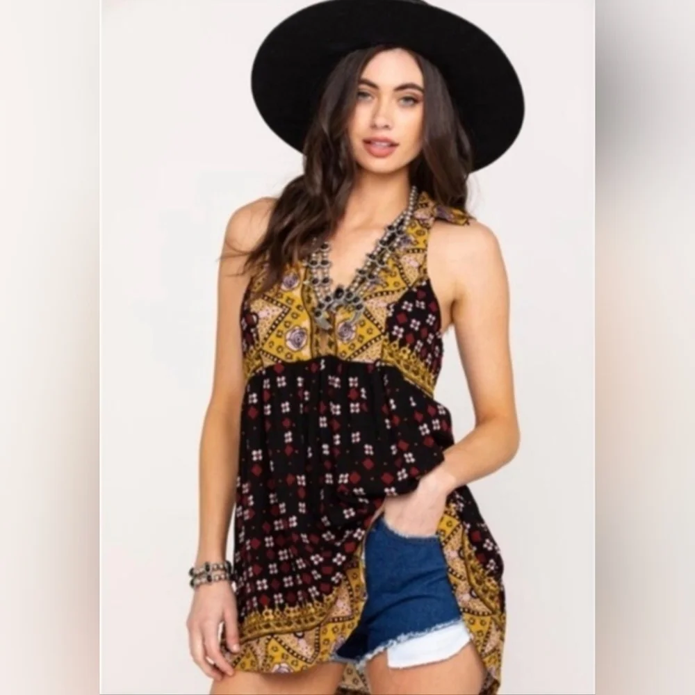 Free People Top Charlotte Black Yellow Boho Size XS